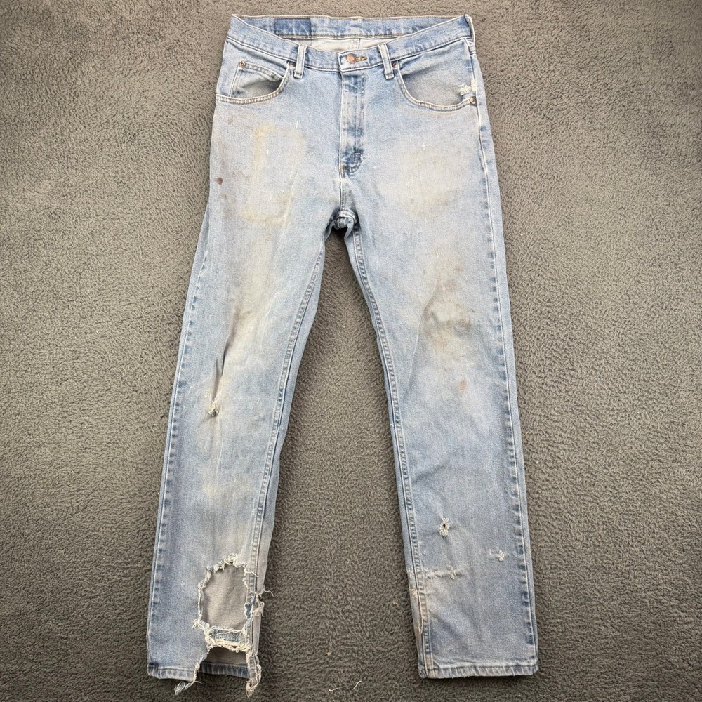 Wrangler Mens 32x32 Distressed Light Wash Straight Leg Jeans 1096FXVDB Blue
